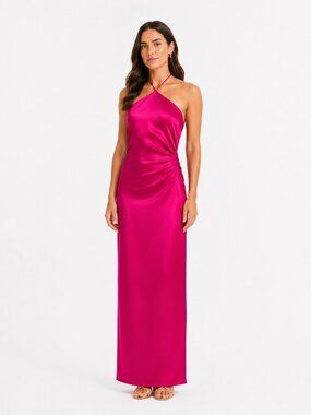JONATHAN SIMKHAI HANSEL PINK SATIN HALTER SIDE SLIT EVENING FORMAL DRESS - 0